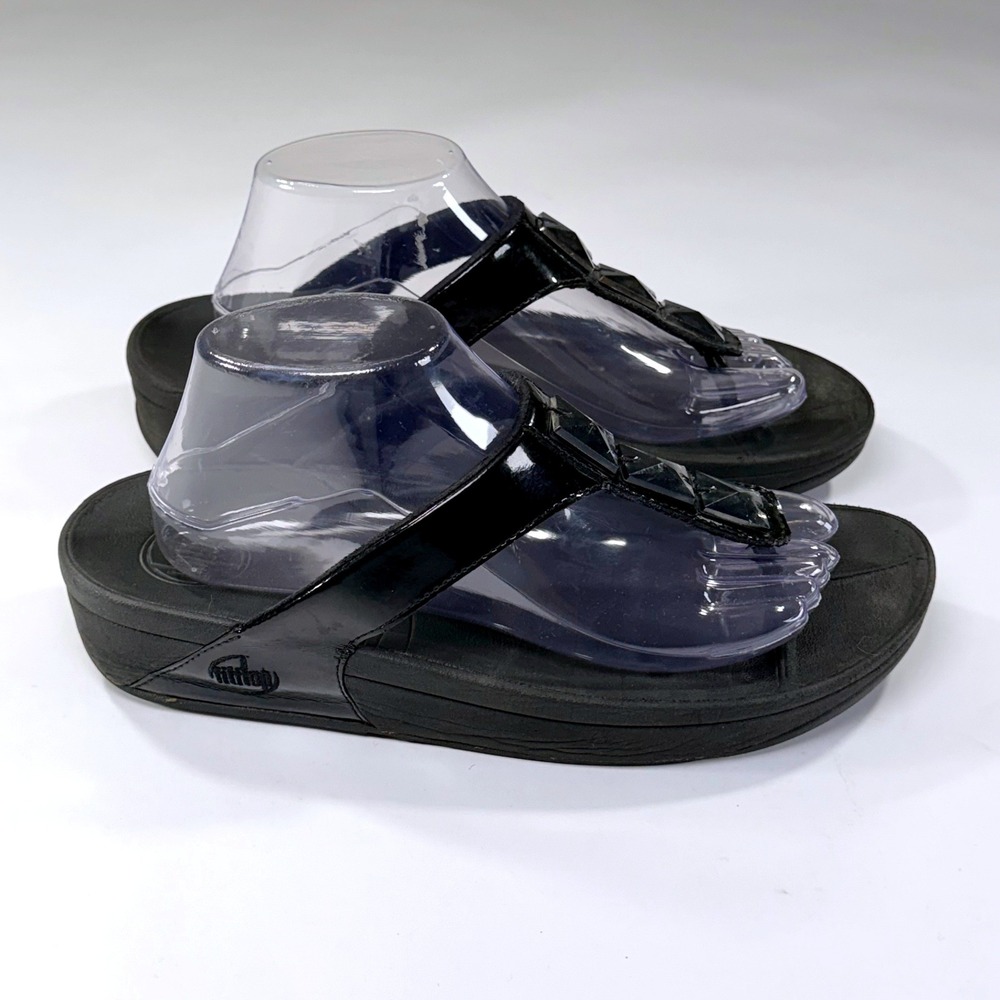 FitFlop Pietra Thong Sandal Womens 10 Black Patent Leather Crystal Wedge Comfort - Picture 13 of 13